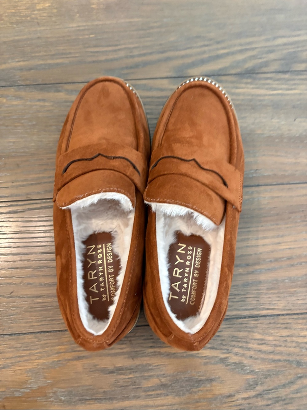 Taryn Rose Women's Chestnut Suede Fur-Lined Penny Loafers Size 7 1/2 - Picture 2 of 8